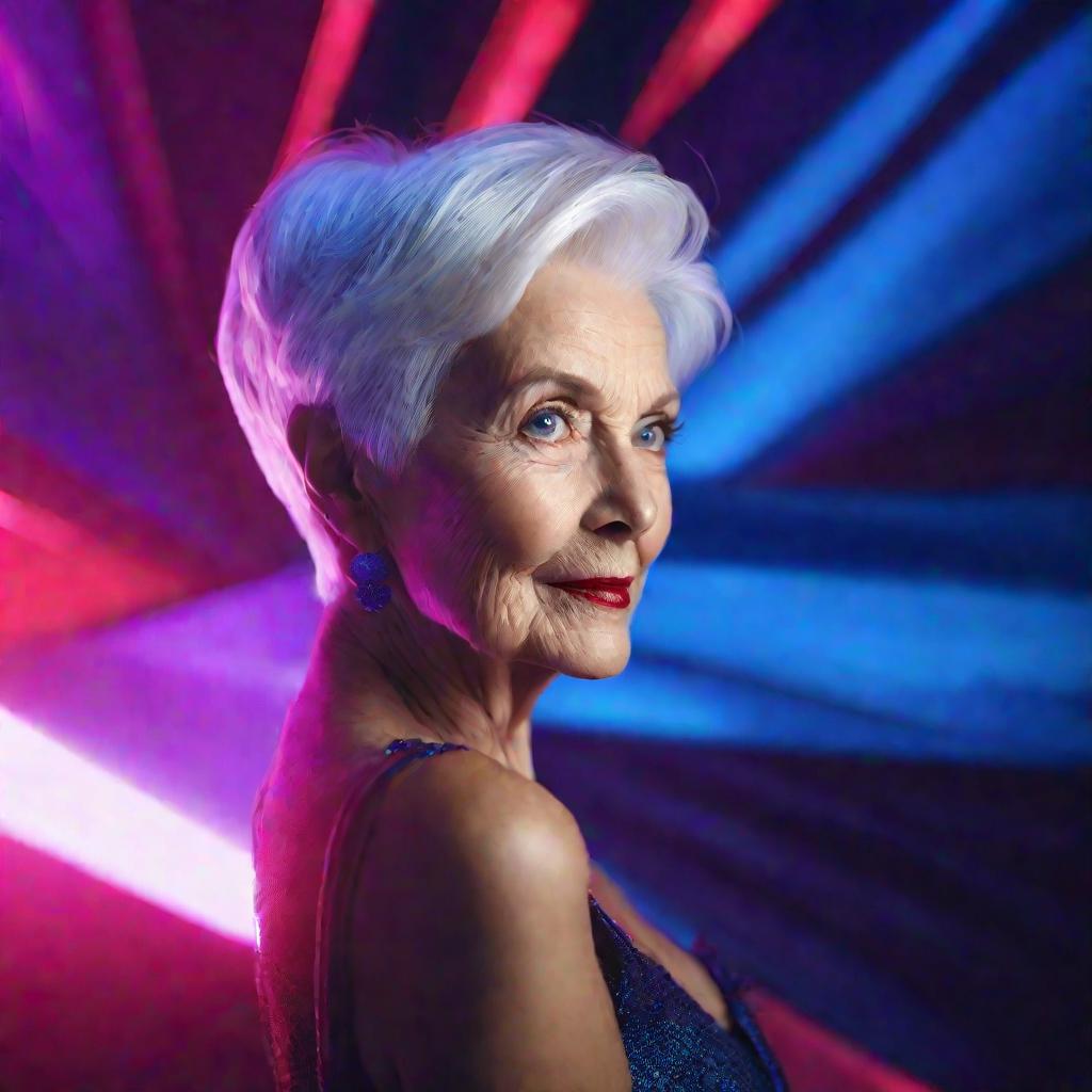 Портрет пожилой женщины в ярких тонах с сильным взглядом на фоне сине-фиолетовой абстрактной студии