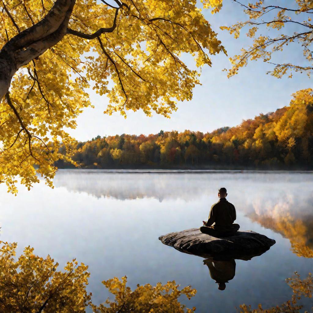 Медитирующий на берегу озера мужчина