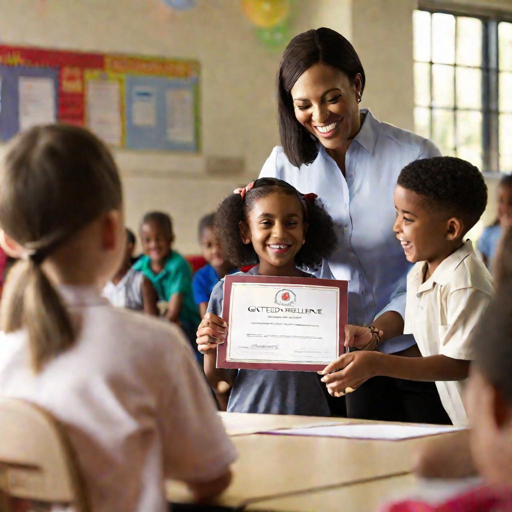 Учитель вручает одаренному ребенку почетный сертификат