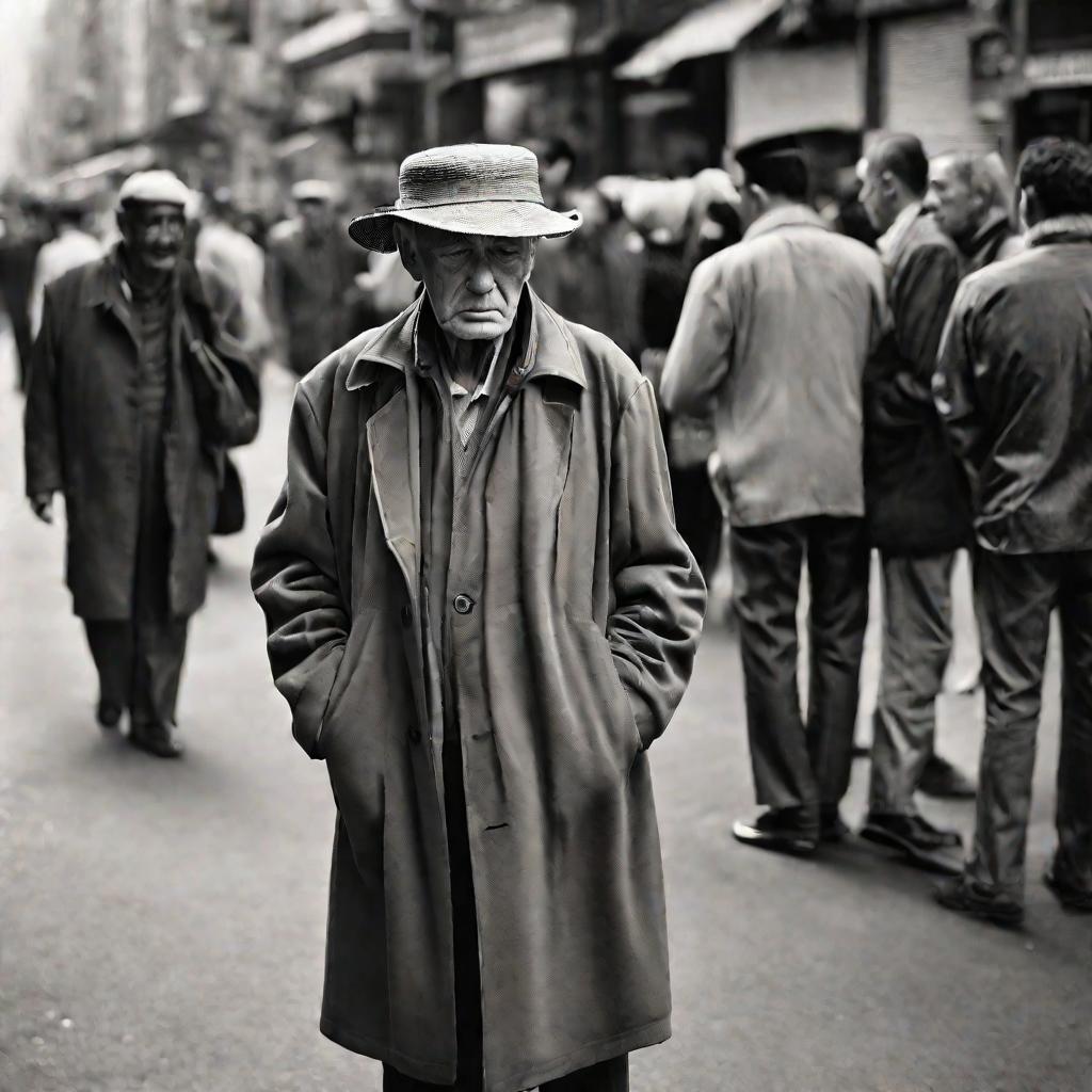 Портрет одинокого пожилого мужчины на оживленной городской улице