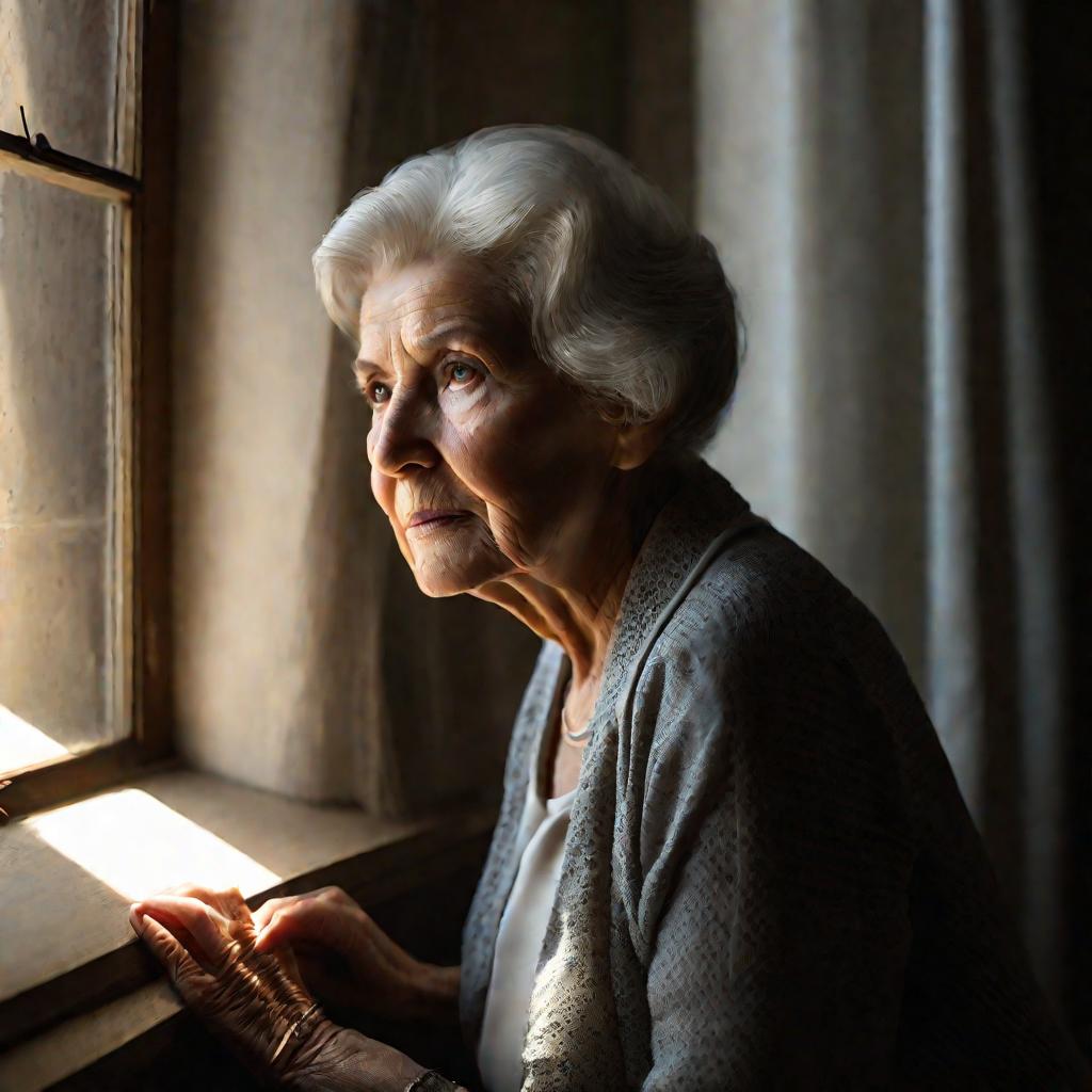 Пожилая женщина сидит у окна, смотрит вдаль отсутствующим взглядом