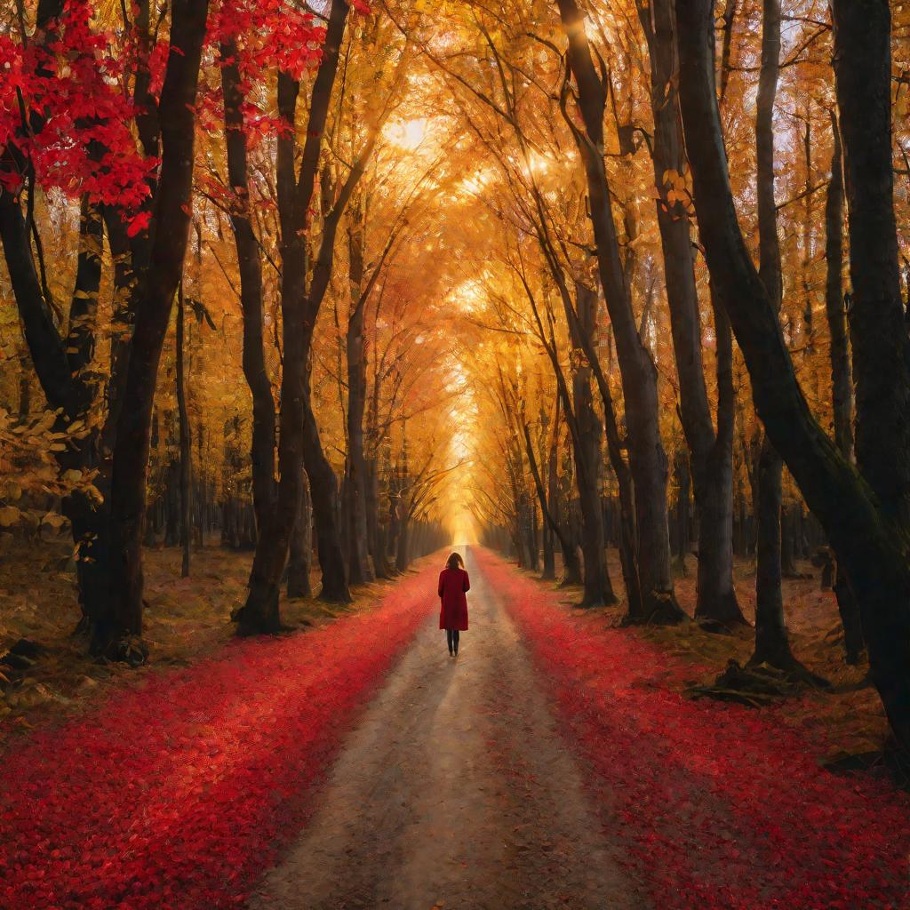 Одинокая женщина идет по лесной дороге на закате