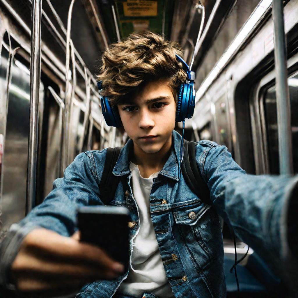 Подросток делает селфи в метро