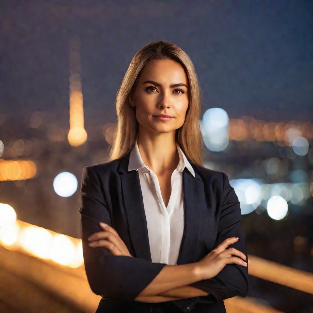 Решительная деловая женщина на фоне города на закате