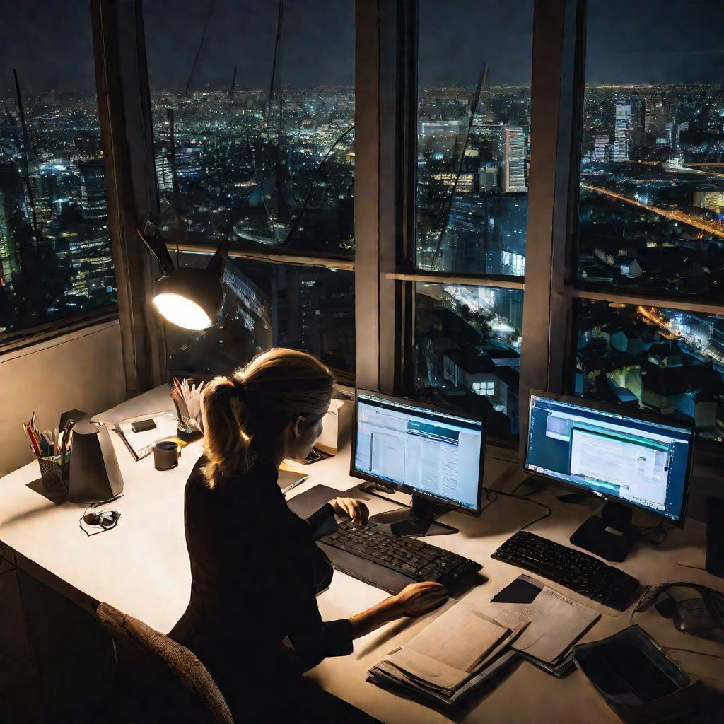 Женщина за компьютером ночью в офисе