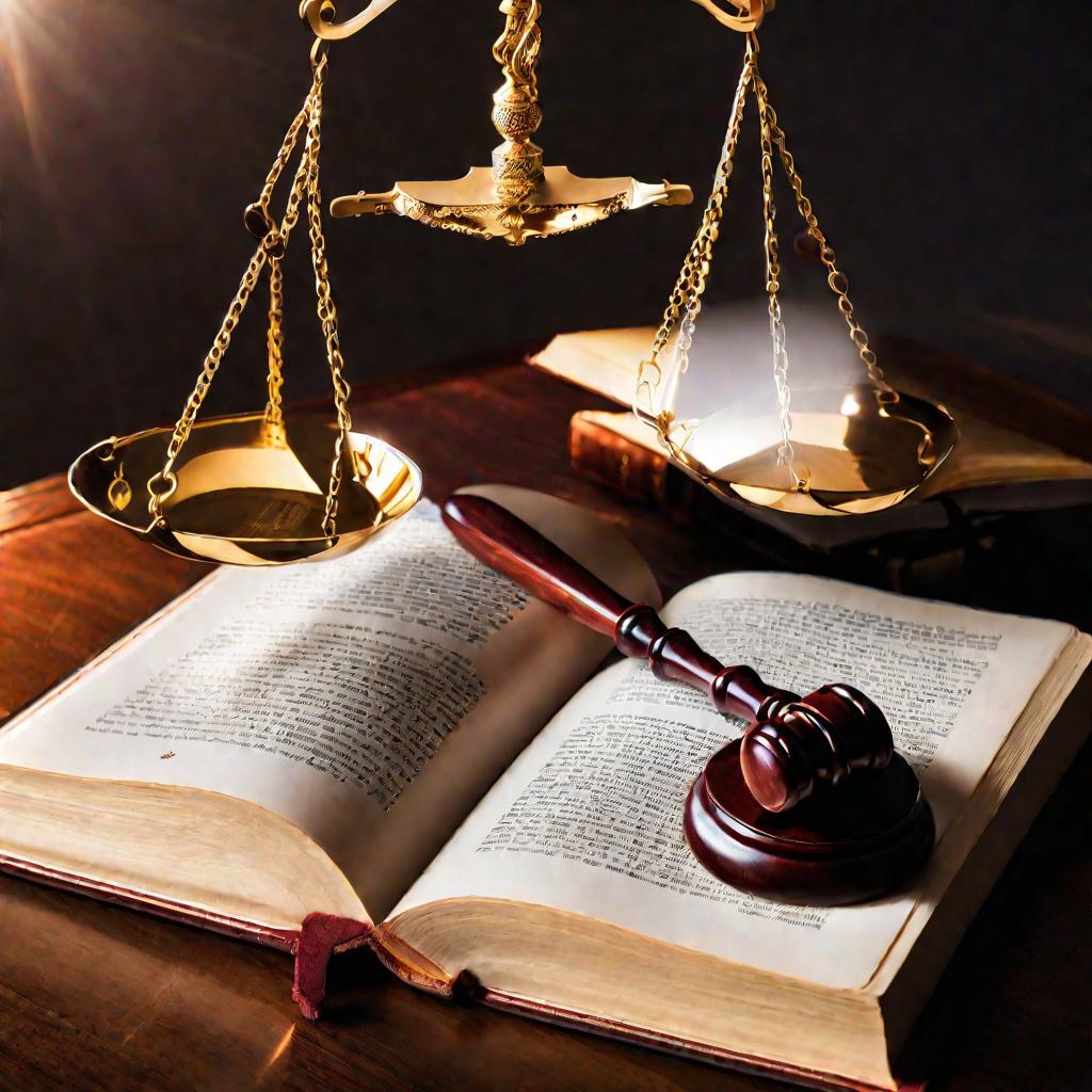 Крупный план открытой книги законов на рабочем столе с молотком судьи