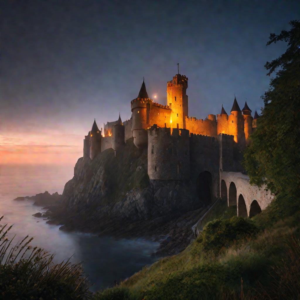 Средневековый замок в тумане на скале у моря