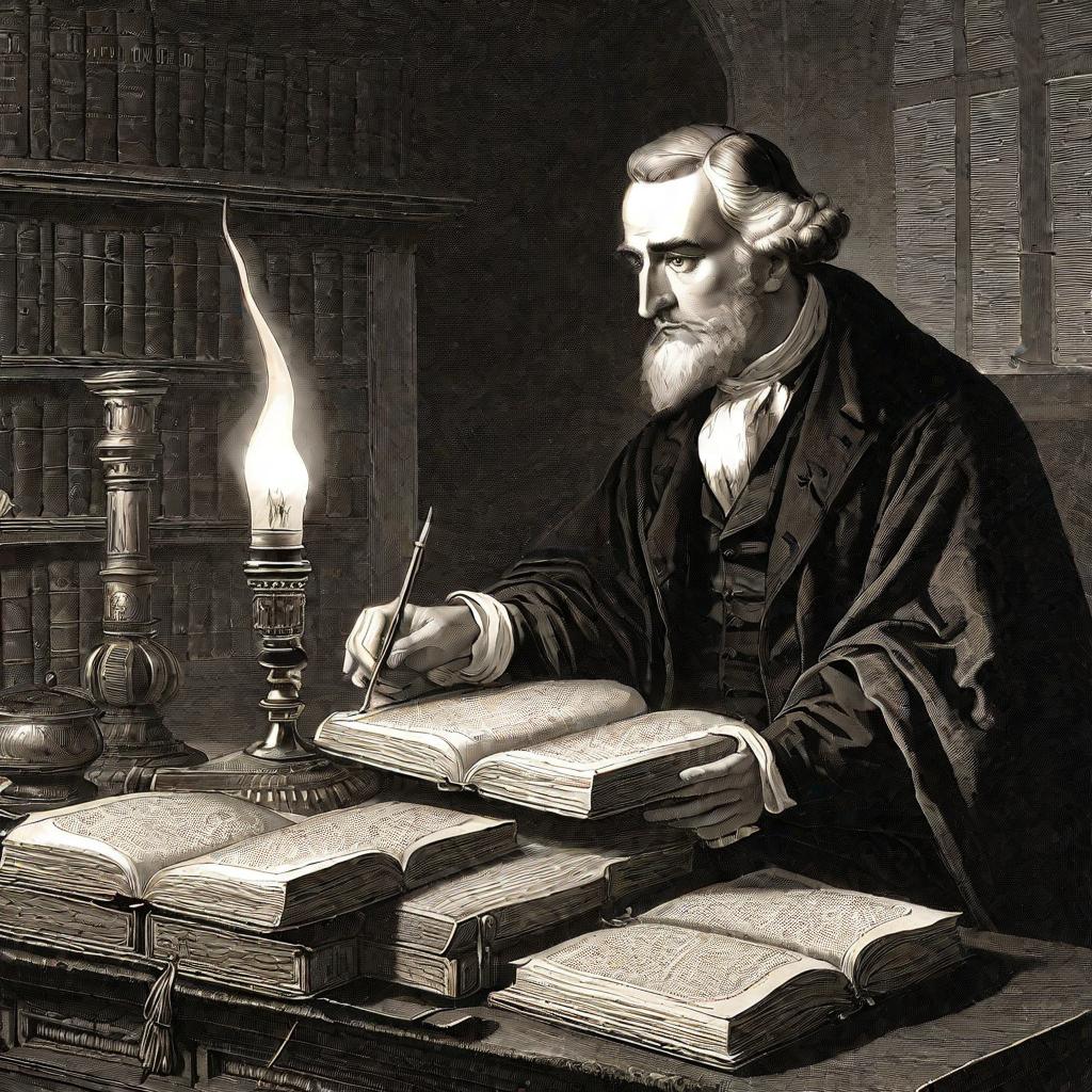 Ученый XIX века читает рукопись со словом