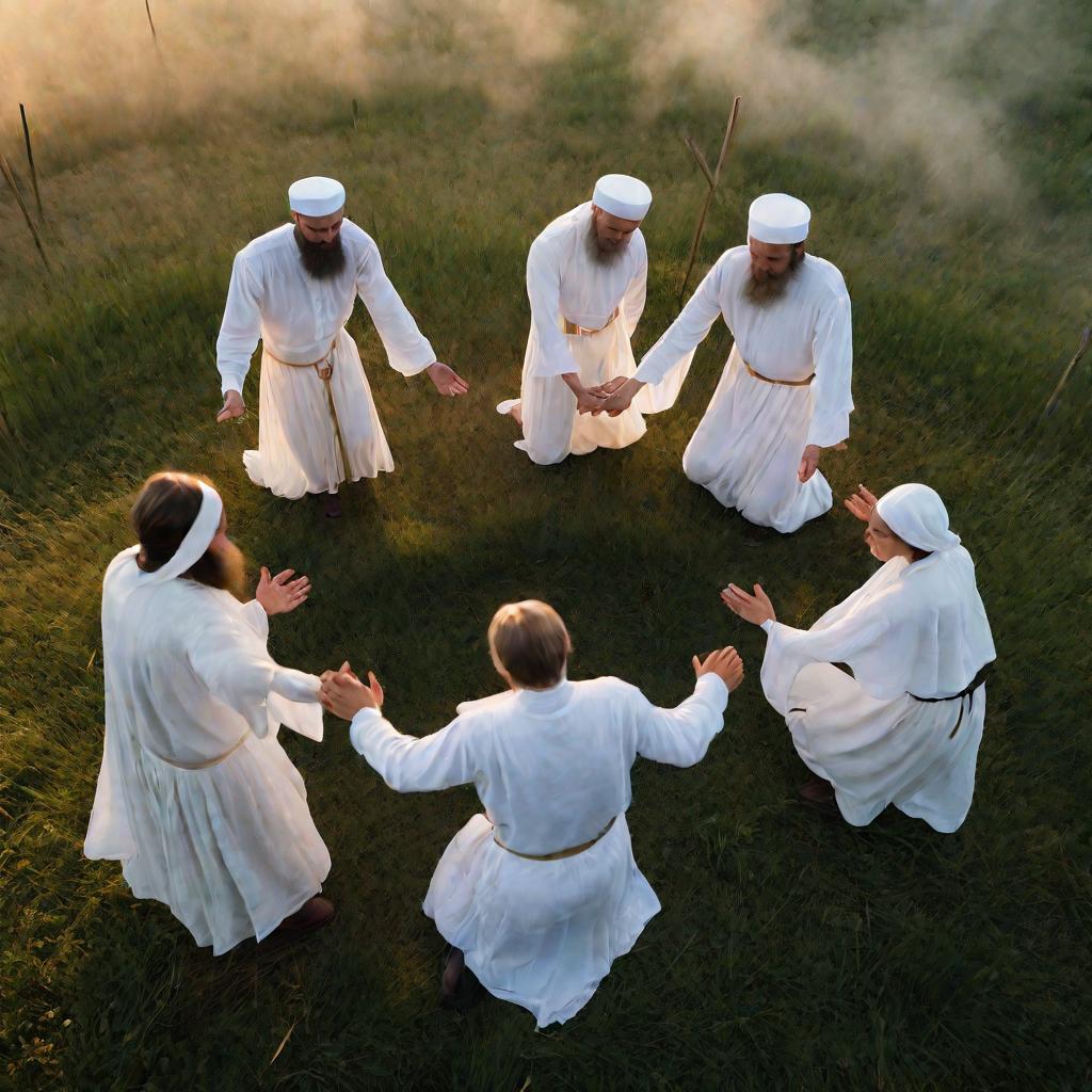 Православные верующие танцуют круговой танец на рассвете