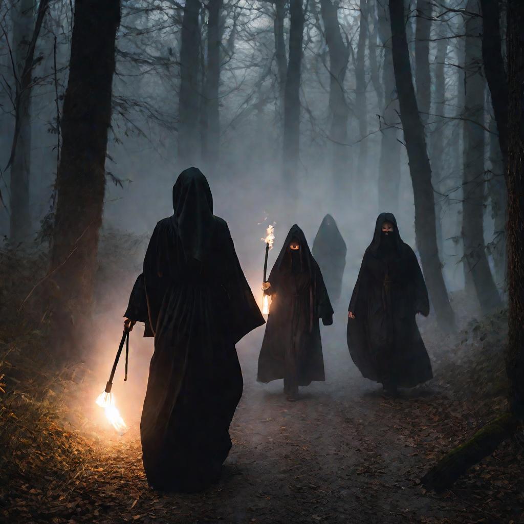 Мрачный туманный ночной лес, где испуганная молодая женщина убегает от двух сектантов в черных одеждах, несущих факелы и преследующих ее сквозь дымку.