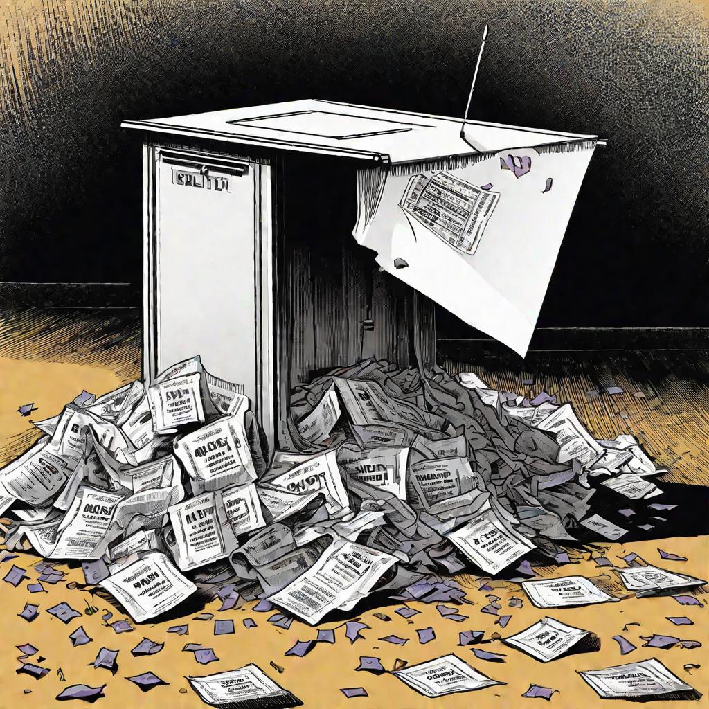 Вид снизу на опрокинутый избирательный ящик с выпавшими из него бюллетенями перед кабинкой для голосования. Изображение иллюстрирует аннулирование выборов.
