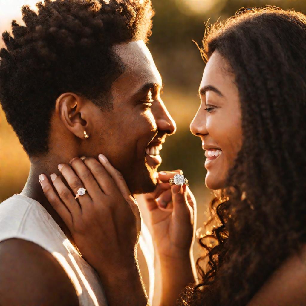 Молодая пара радостно смотрит друг на друга, мужчина надевает кольцо на палец девушки на фоне заката