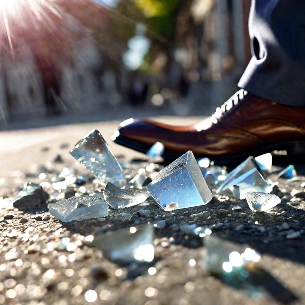 Разбитый стакан на тротуаре у ног бизнесмена
