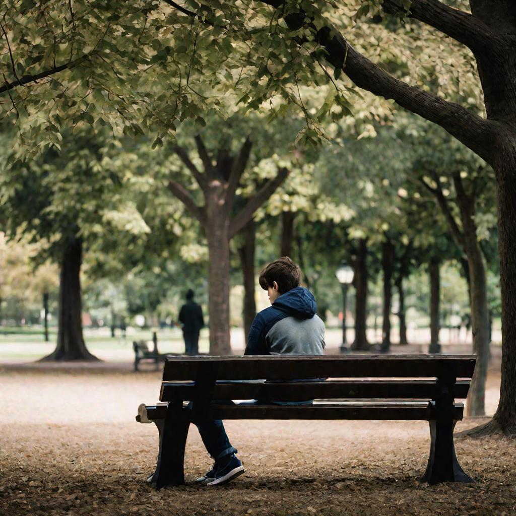 Подросток сидит на скамейке в парке
