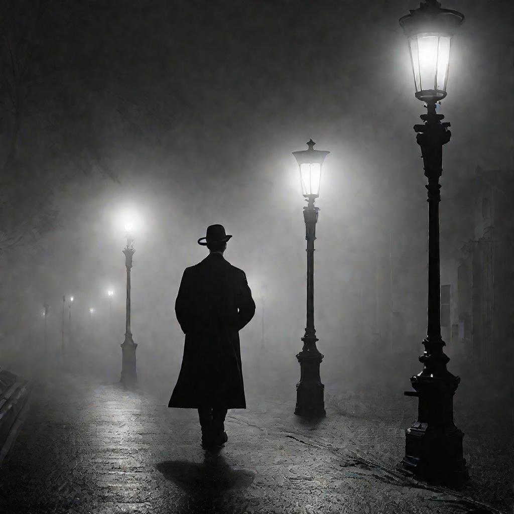 Мужчина идет по туманной ночной улице, скрывая лицо