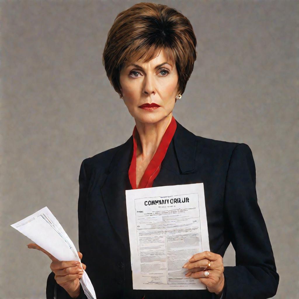 Портрет женщины в костюме, держащей документ.