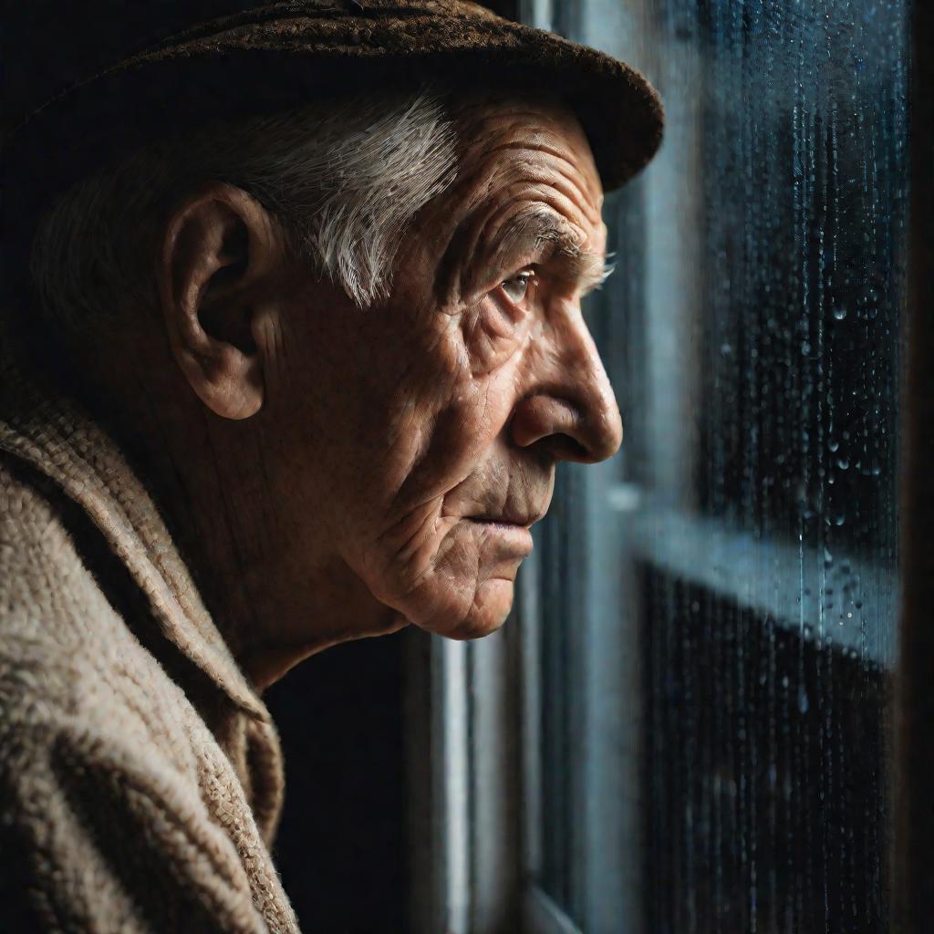 Крупным планом пожилой мудрый мужчина с прожиточным лицом, задумчиво глядящий сквозь мокрое от дождя окно в темноту раннего рассвета, размышляя о прошлом и будущем с ностальгической грустью