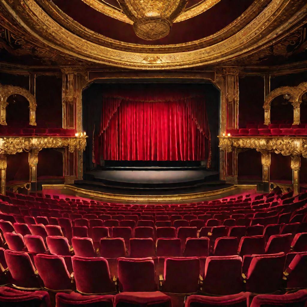 Роскошный пустой зал театра с опущенным занавесом, освещенный софитами. Несмотря на великолепный интерьер, зал выглядит заброшенным