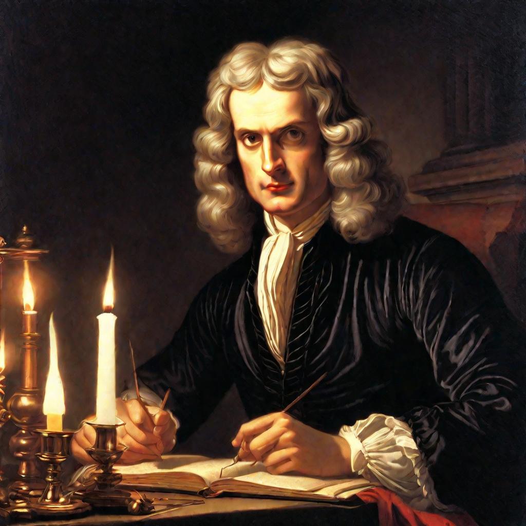 Портрет Исаака Ньютона вблизи при свечах с сосредоточенным выражением лица в одежде того времени