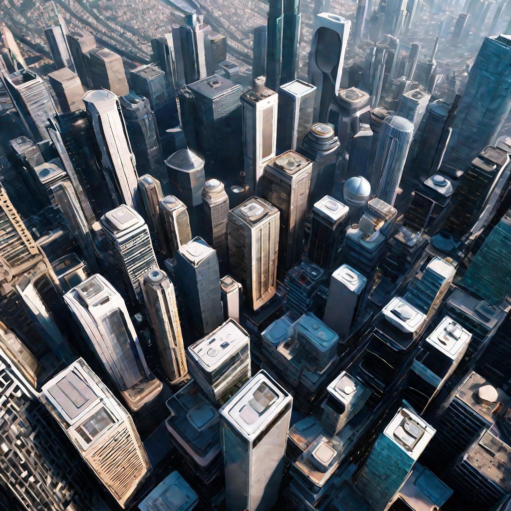 Вид сверху на современный футуристический город с небоскребами, плотной застройкой, улицами, заполненными машинами и людьми