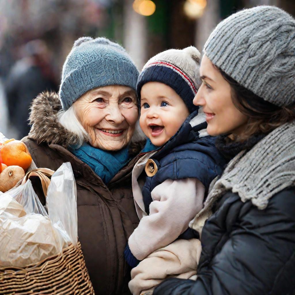 Пожилая женщина передает продукты матери с ребенком