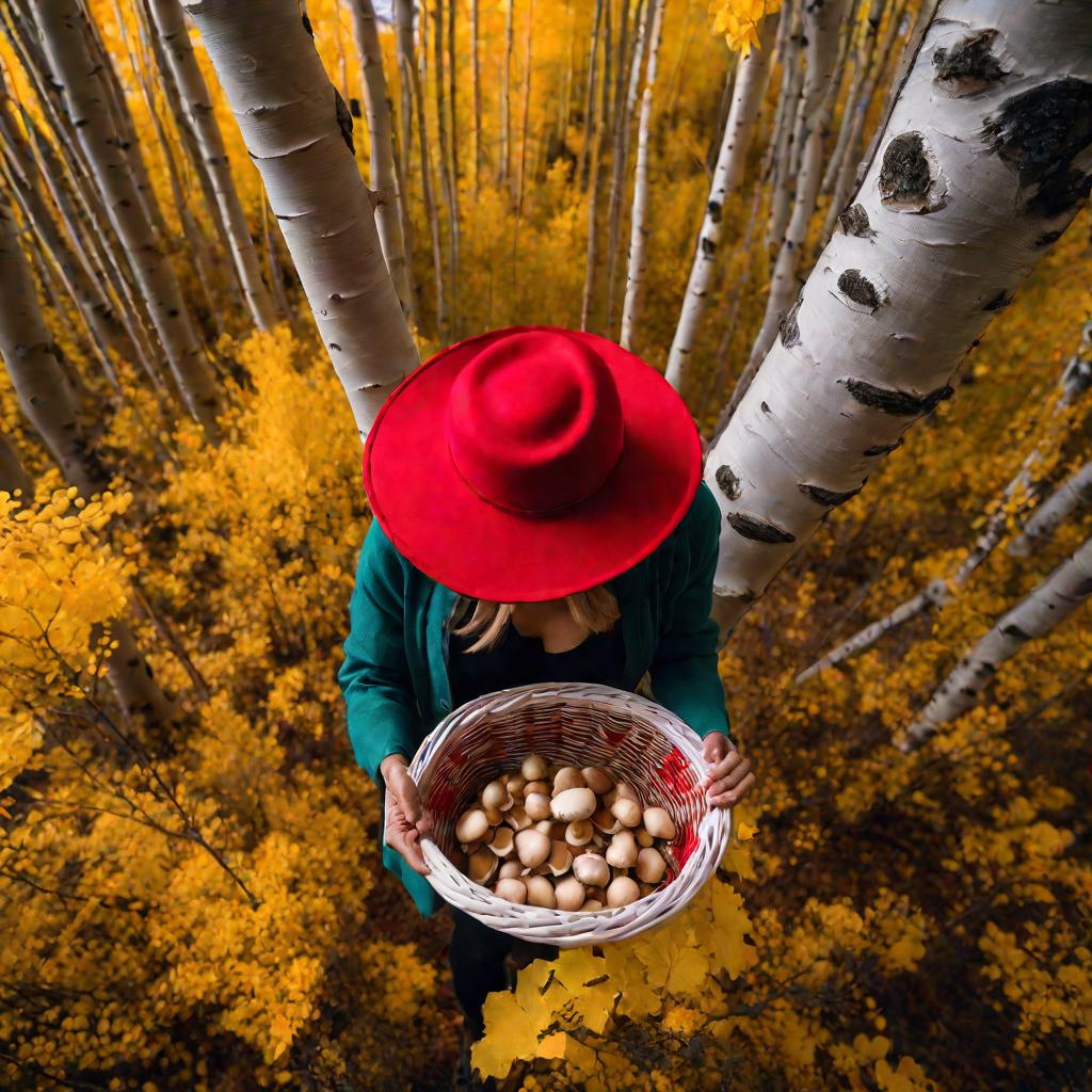 Женщина в осиннике собирает грибы