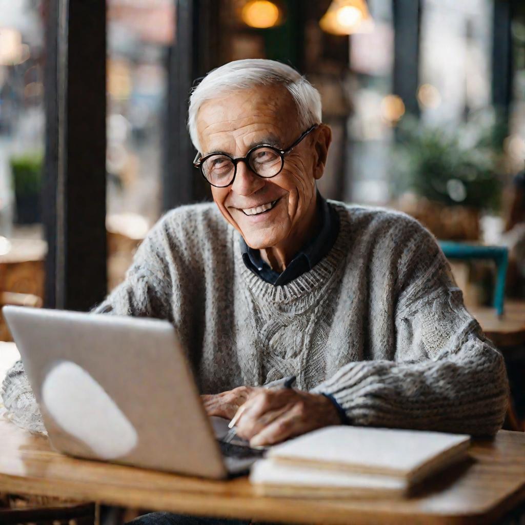 Портрет пожилого мужчины, пишущего за ноутбуком