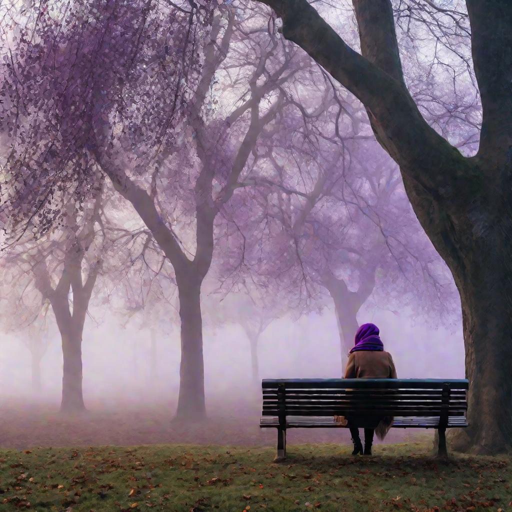 Одинокая женщина сидит на скамейке в парке