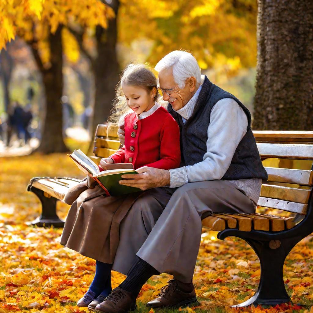 Пожилой мужчина и девочка читают книжку на скамейке