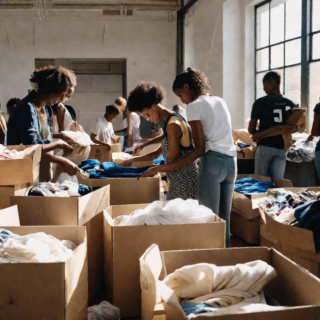 Волонтеры сортируют одежду для малоимущих семей