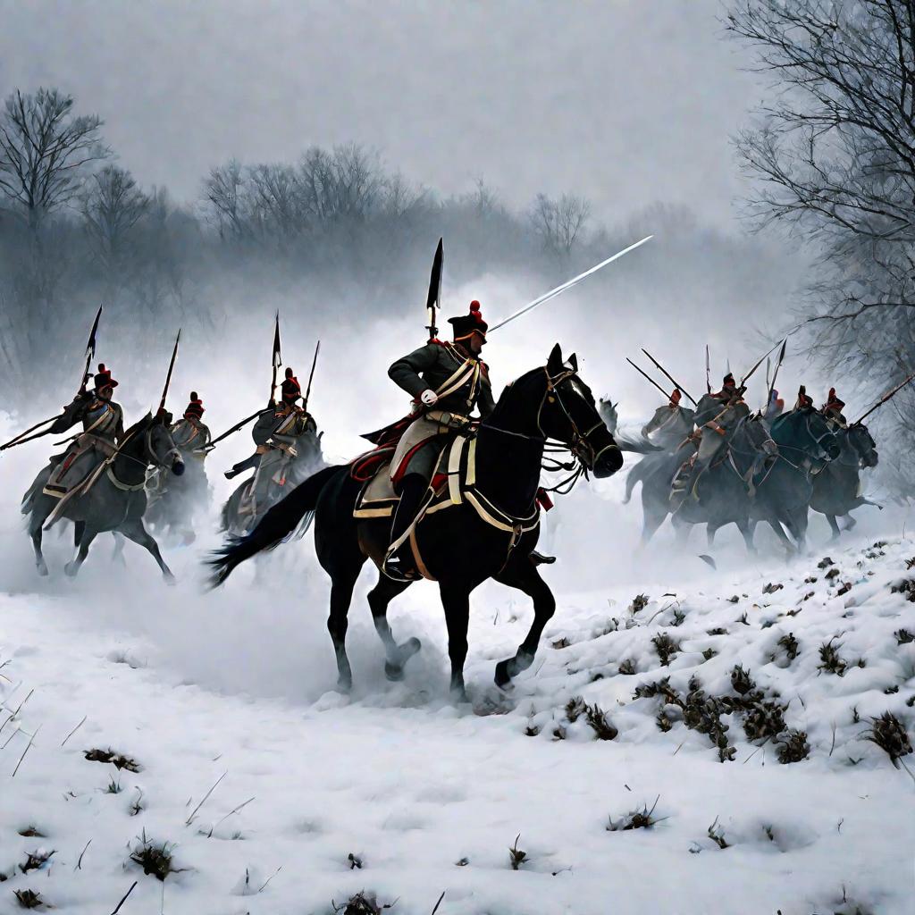 Кавалерия атакует левый фланг пехотного подразделения на зимнем поле боя. Копья, сабли и развевающиеся плащи создают ощущение стремительного движения на фоне пасмурного зимнего неба и кружащегося в воздухе снега.
