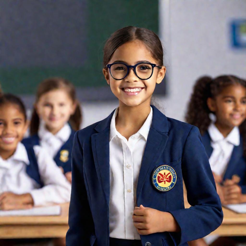Девушка в очках в синем пиджаке с эмблемой школы выступает перед классом с презентацией