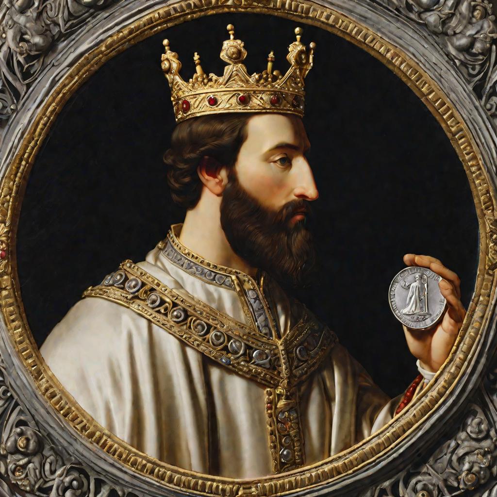 Портрет бородатого короля, рассматривающего маленькую серебряную монету