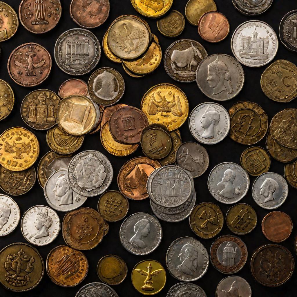 Множество старинных русских монет разных металлов и размеров лежат на деревянном столе, посередине - маленькая полушка