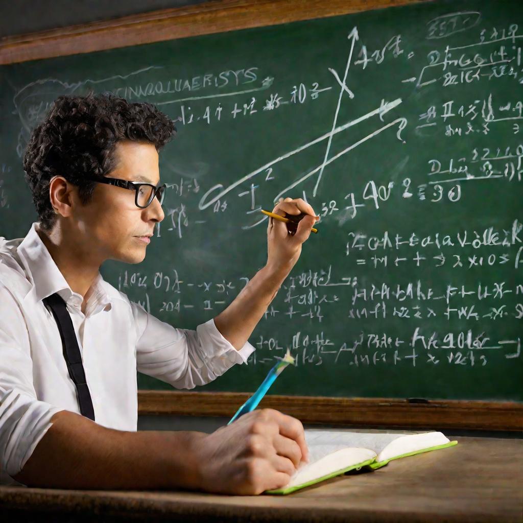 Учитель пишет цветными мелками уравнения неравенства на зеленой школьной доске