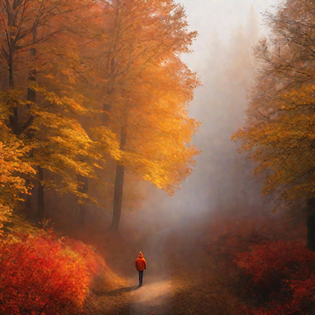 Одинокий путник идет по лесу осенью