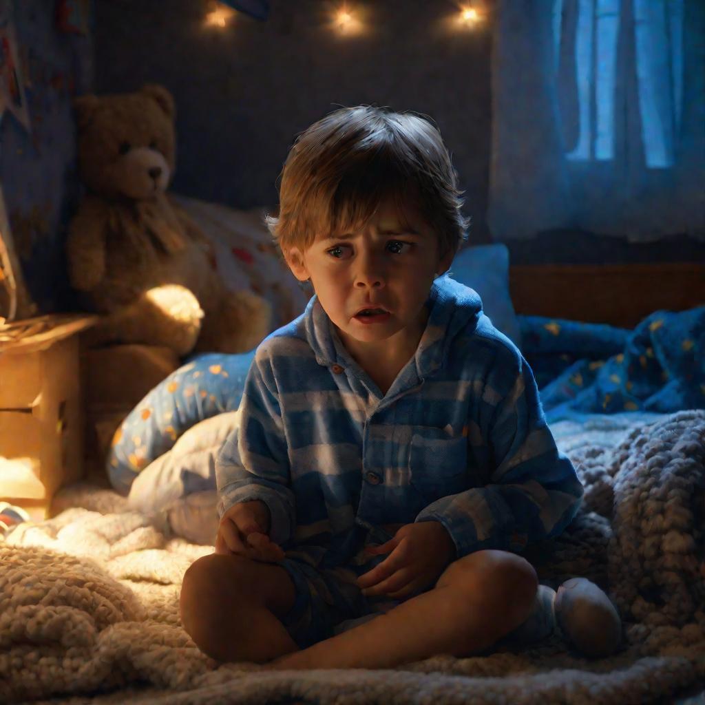 Ребенок в пижаме плачет от страха, сжимая в руках плюшевого мишку