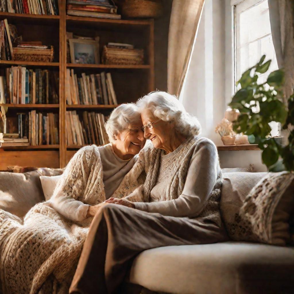 Уютная гостиная, бабушка и внучка читают книгу на диване