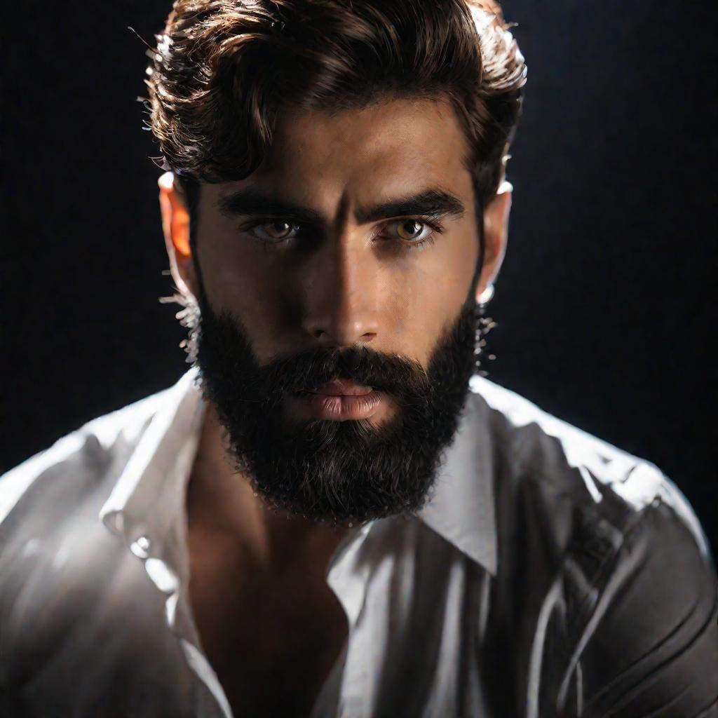 Портрет молодого бородатого мужчины, указывающего на свой лоб в знак того, что он контролирует свою собственную судьбу