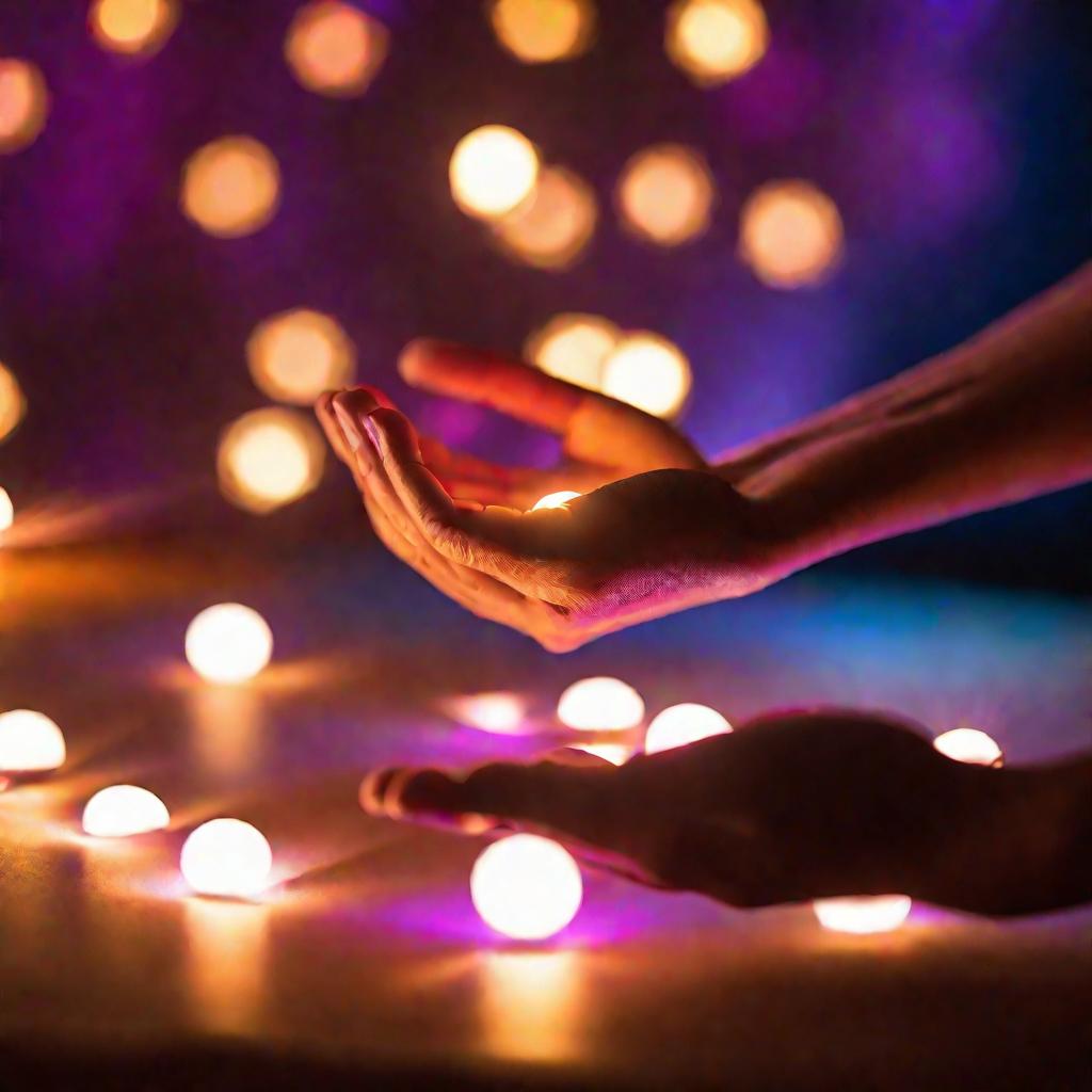 Во время йога-нидры из рук высвобождаются светящиеся энергетические сферы.
