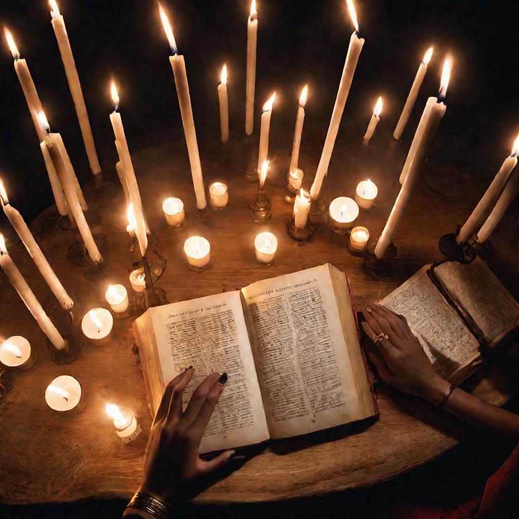 Женские руки чертят кресты над открытой религиозной книгой и серебряным крестом на столе, освещенном свечами