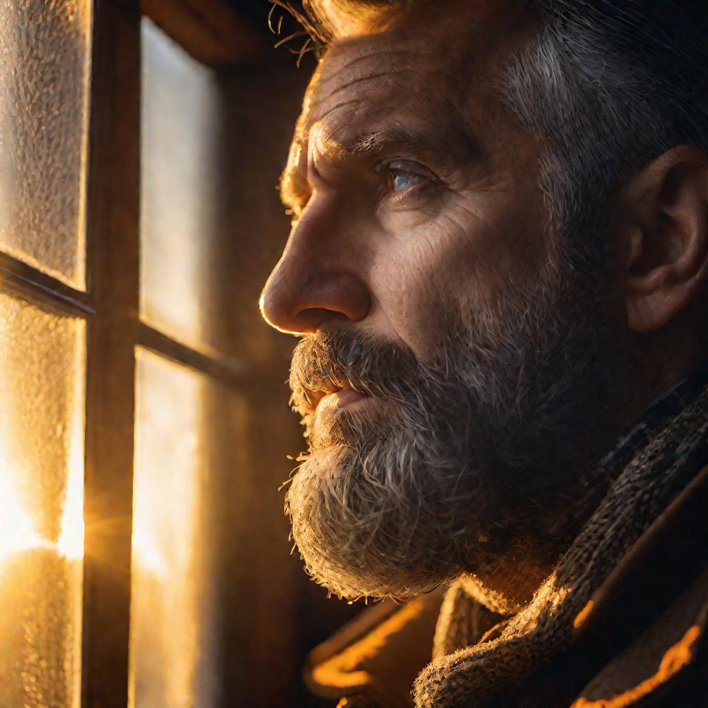 Мужчина средних лет смотрит в окно зимним утром, в руках у него латунный нательный крест