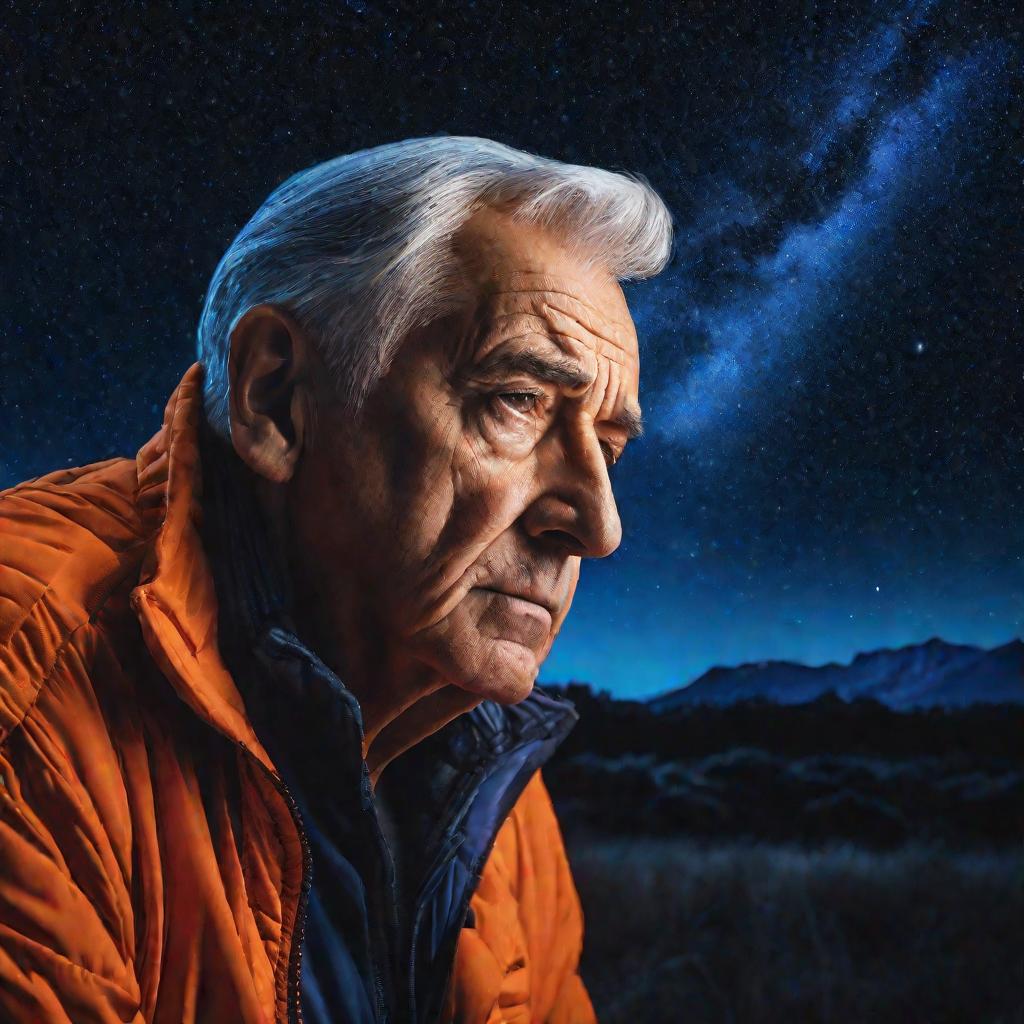 Пожилой мужчина задумчиво смотрит в ночное небо