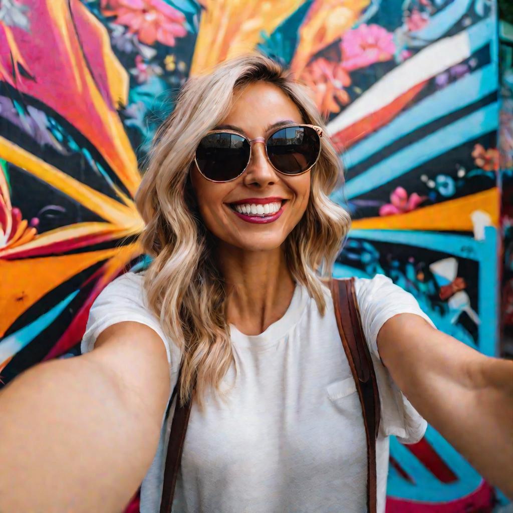 Портрет путешествующей блогерши, делающей селфи на фоне яркой уличной живописи
