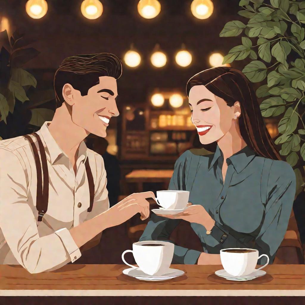 Молодой человек и девушка улыбаются в кафе, попивая кофе