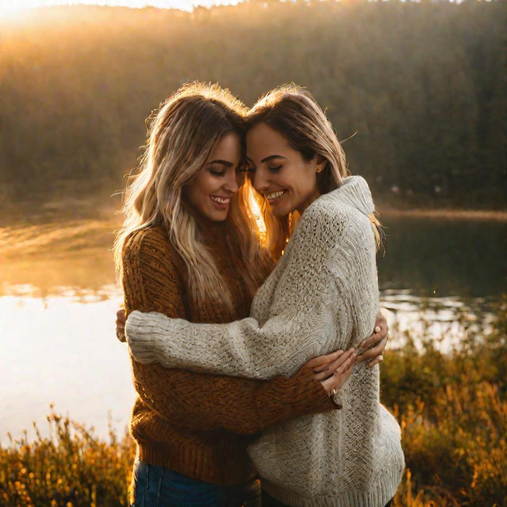 Две подруги обнимаются на фоне озера на рассвете