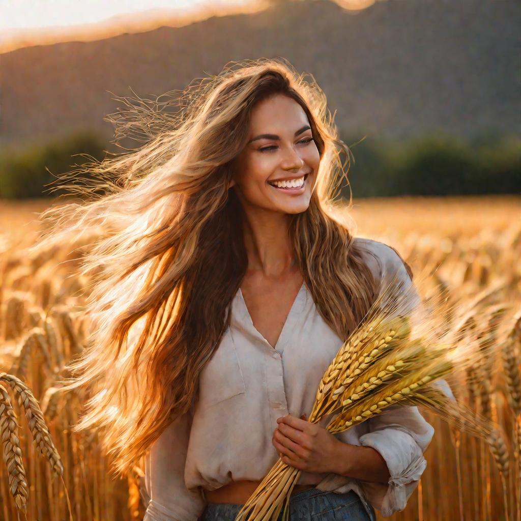 Широкий кадр на закате: женщина в пшеничном поле держит в руке горсть ячменных зерен в мягком свете заката сзади. Она радостно улыбается. Легкий ветерок развевает ее длинные волнистые волосы и колосья пшеницы на поле. Краски теплые и яркие.