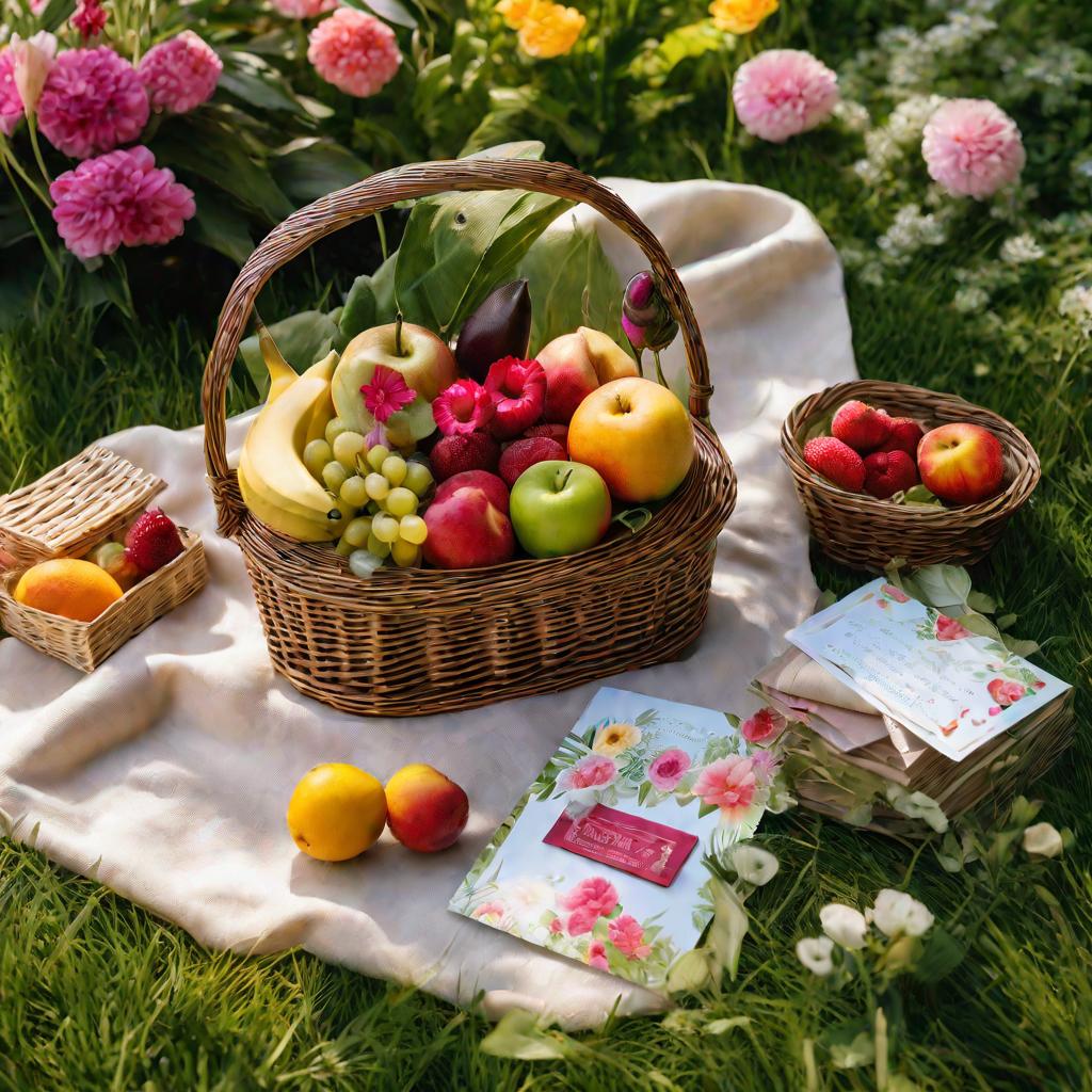Летний сад с корзиной для пикника, полной цветов и подарков