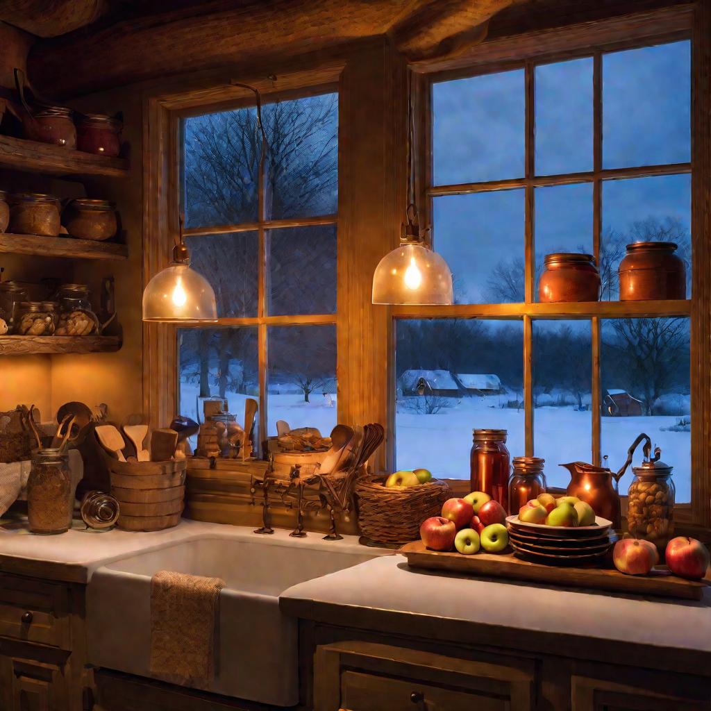Зимний вечер на кухне с медом, хлебом и медной посудой на столе