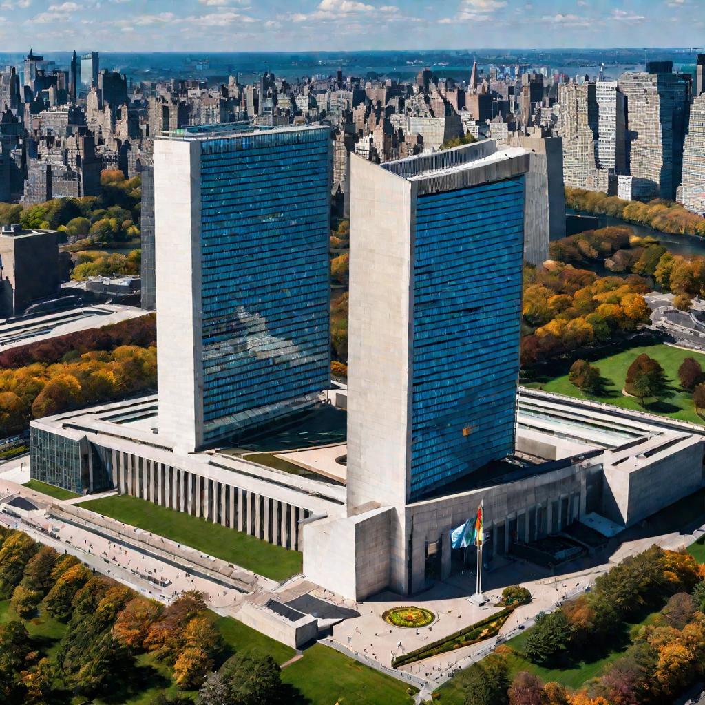 Здание ООН светится белым светом надежды и мира